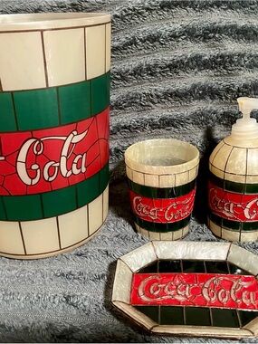 RARE FULL Set Coca-Cola Faux Stained Glass Bath Accessory Set